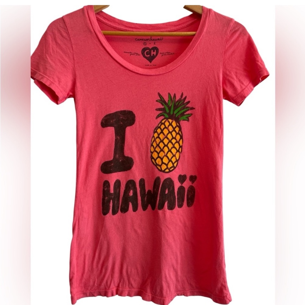 CAMERON HAWAII I Love Hawaii Pineapple Graphic Tee Small Cotton/Modal Coral